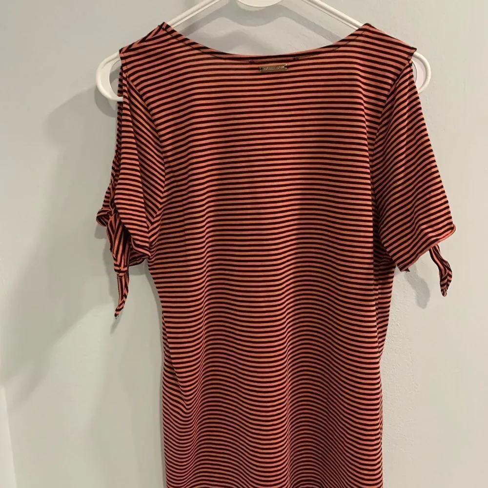 Michael Kors Salmon and Black Striped V-Neck Tee